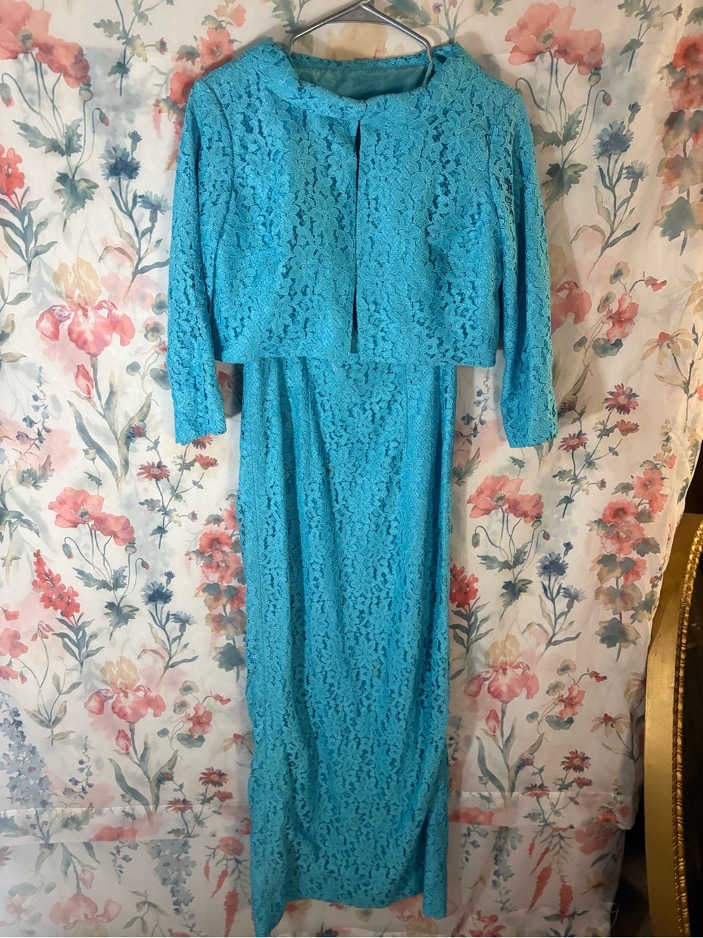 Vintage Turquoise Lace Two-Piece Evening Dress